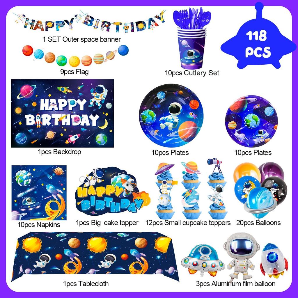 Space Birthday Party Decorations,118pcs Space Birthday Decorations Outer Space Birthday Tableware Set Outer Space Birthday Party Plates Tablecloth