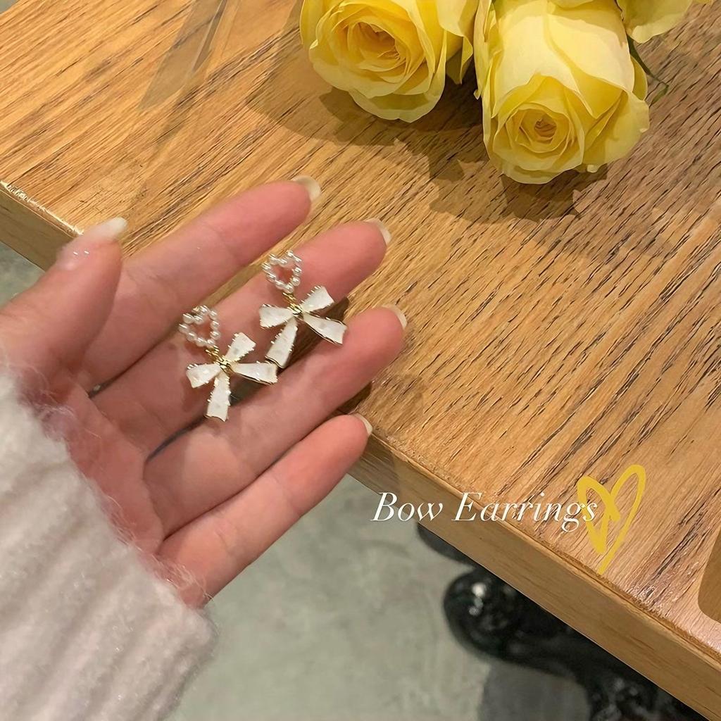 Bow Pearl Stud Earrings Summer French Niche Design Earrings Women's New Trendy Simple Earrings