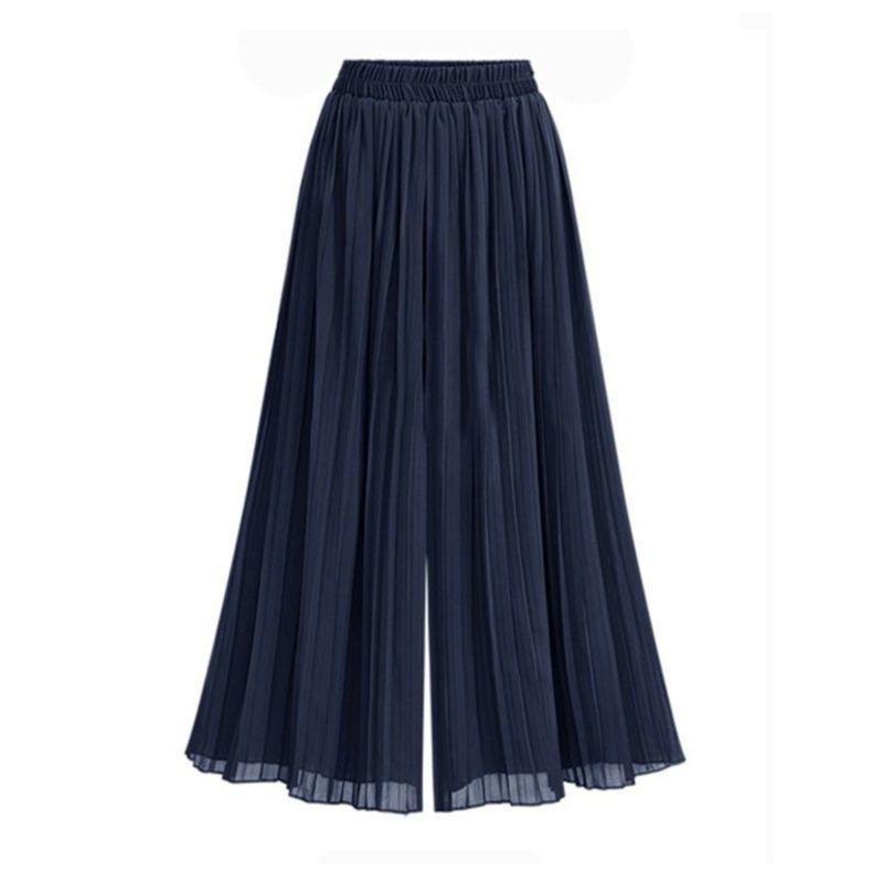 Plus Size Women's Autumn New Chubby Girl Elastic Waist Navy Blue Pleated Loose Wide Leg Cropped Culottes Fashion Fashion