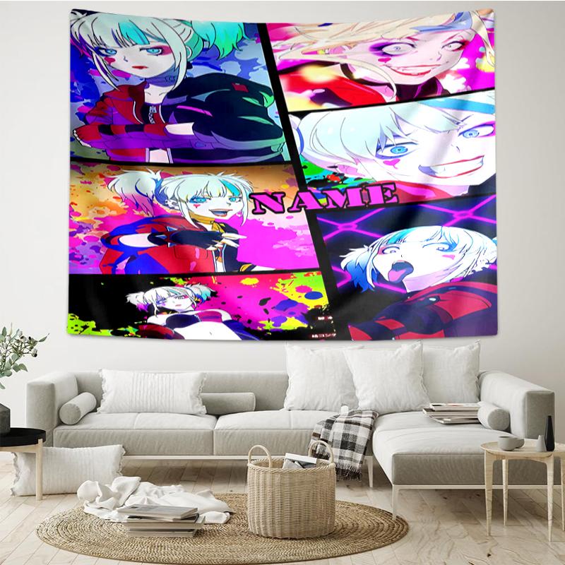 Custom Name Harley Quinn Print Tapestry, Backdrop, Easy Setup, Ideal for Bedroom, Office & Living Room, with Aesthetic Wall Hanging Decor.