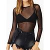 Hot New Spring Summer Womens Long Sleeve Sexy Black Mesh Top T Shirts Transparent Punk Club Streetwear Tees Beach Tops