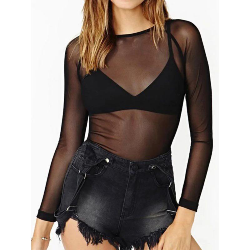 Hot Ny Vår Sommer Dame Langermet Sexy Svart Mesh Topp T-skjorter Gjennomsiktig Punk Club Streetwear T-skjorter Strandoverdeler