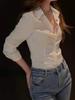 Acetate Satin White Women's Waist-Cinched Shirt - French Slim-Fit Spring & Autumn Design, Light Luxury.