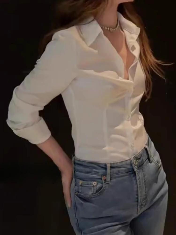 Acetate Satin White Women's Waist-Cinched Shirt - French Slim-Fit Spring & Autumn Design, Light Luxury.