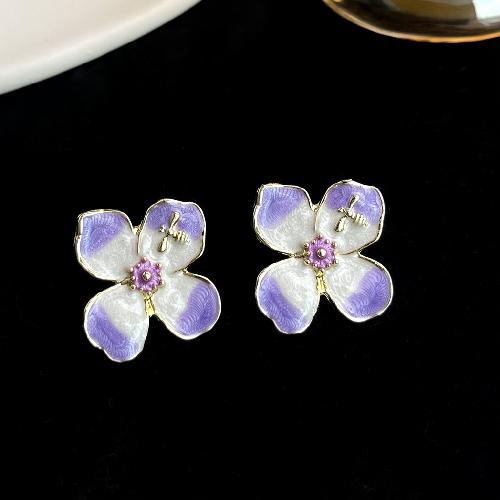 Retro oil painting flower earrings French super fairy purple oil drop earrings high-end earrings