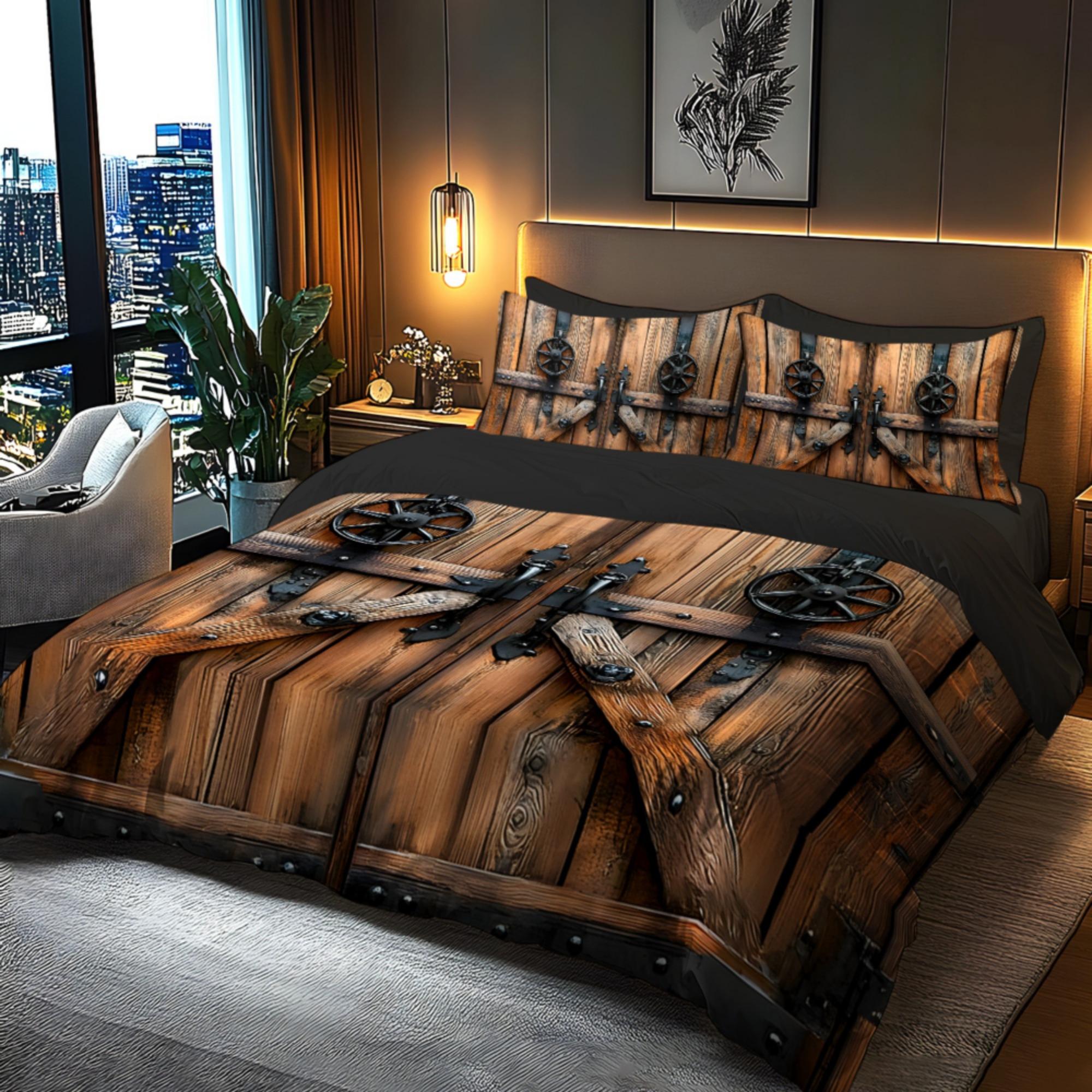 

Комплект пододеяльника с цифровой печатью, с тематическим узором древних деревянных дверей, 100% полиэстер, мягкий на ощупь, удобный EU Twin(135x200cm)