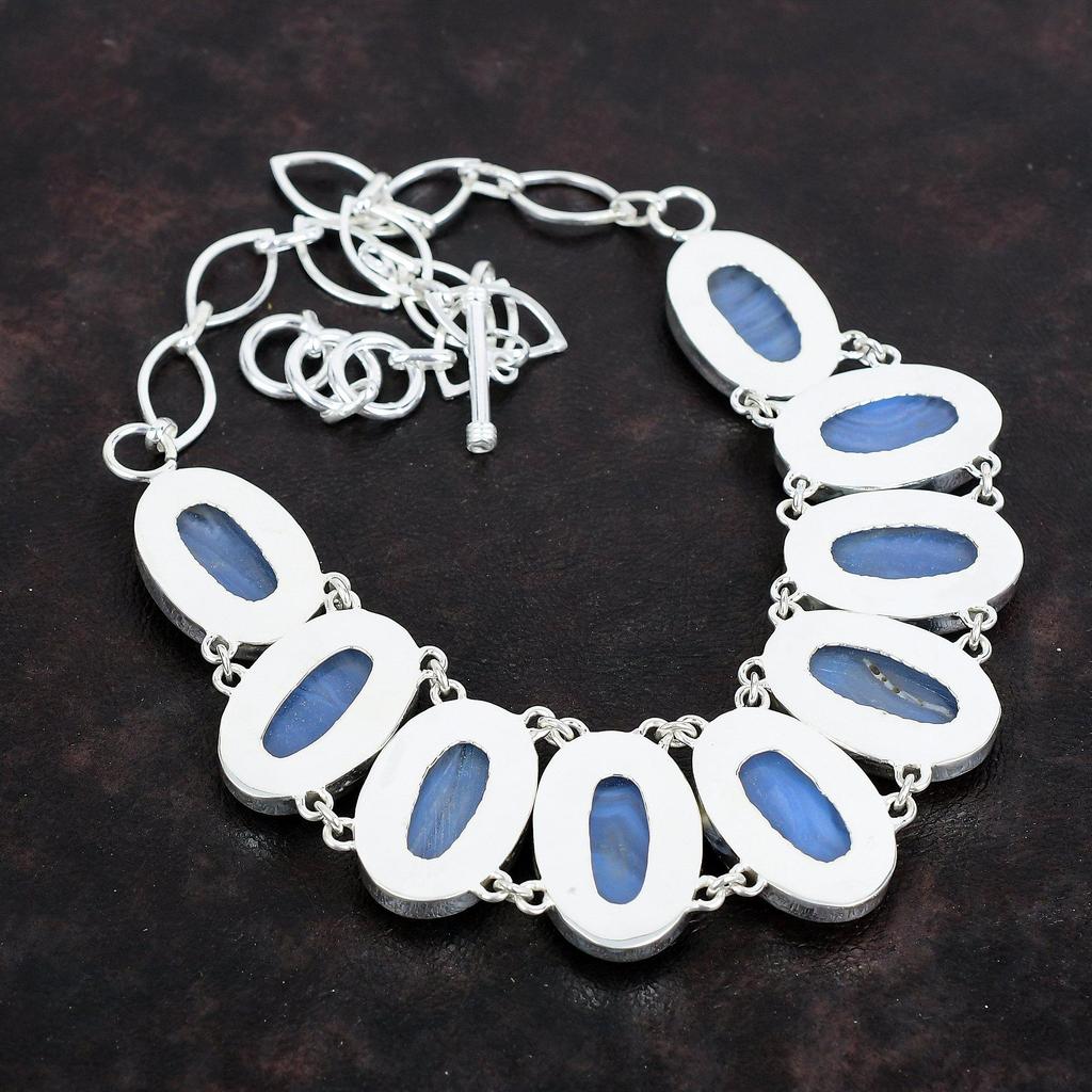 Blue Lace Agate Gemstone Necklace Handmade Jewelry 925 Sterling Silver Necklace Adjustable Chain Necklace Designer Jewelry Gifts for Mother