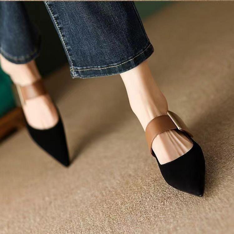 French single shoes women's spring 2025 new retro pointed flat-bottomed metal buckle color matching light mouth Mary Jane small leather shoes