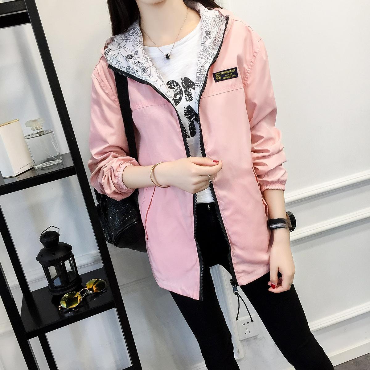 

Spring and Autumn Two-sided Windbreaker Women s Hooded Loose Short Jacket Women s College Style 3XL рожевий