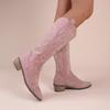 Embroidered Western Cowboy Boots for Women Autumn Pointed Toe Thick Heel High Knee Boots Woman Loose PU Leather Long Botas Mujer