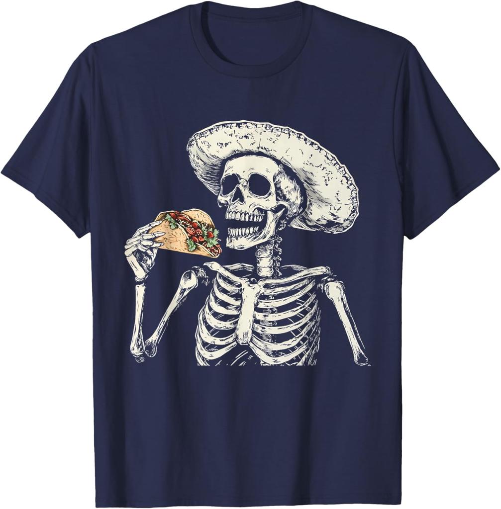 Skeleton Eating Taco Sombrero Graphic Tee Mexican Dia De Muertos Lover Casual Cotton T-Shirt