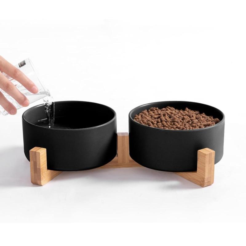 Boluri din ceramică pentru pisici, set boluri pentru cățeluși cu mâncare și apă, cu suport din lemn, bol dublu din ceramică pentru animale de companie fără scurgeri pentru câini și pisici mici