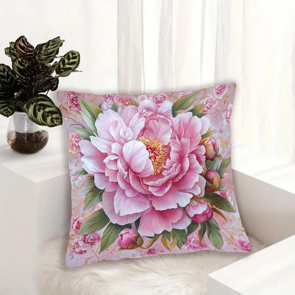 Elegant Pink Peony Floral Throw Pillow Cover, Soft Watercolor Style Peony Print Decorative Cushion For Living Room Sofa Couch