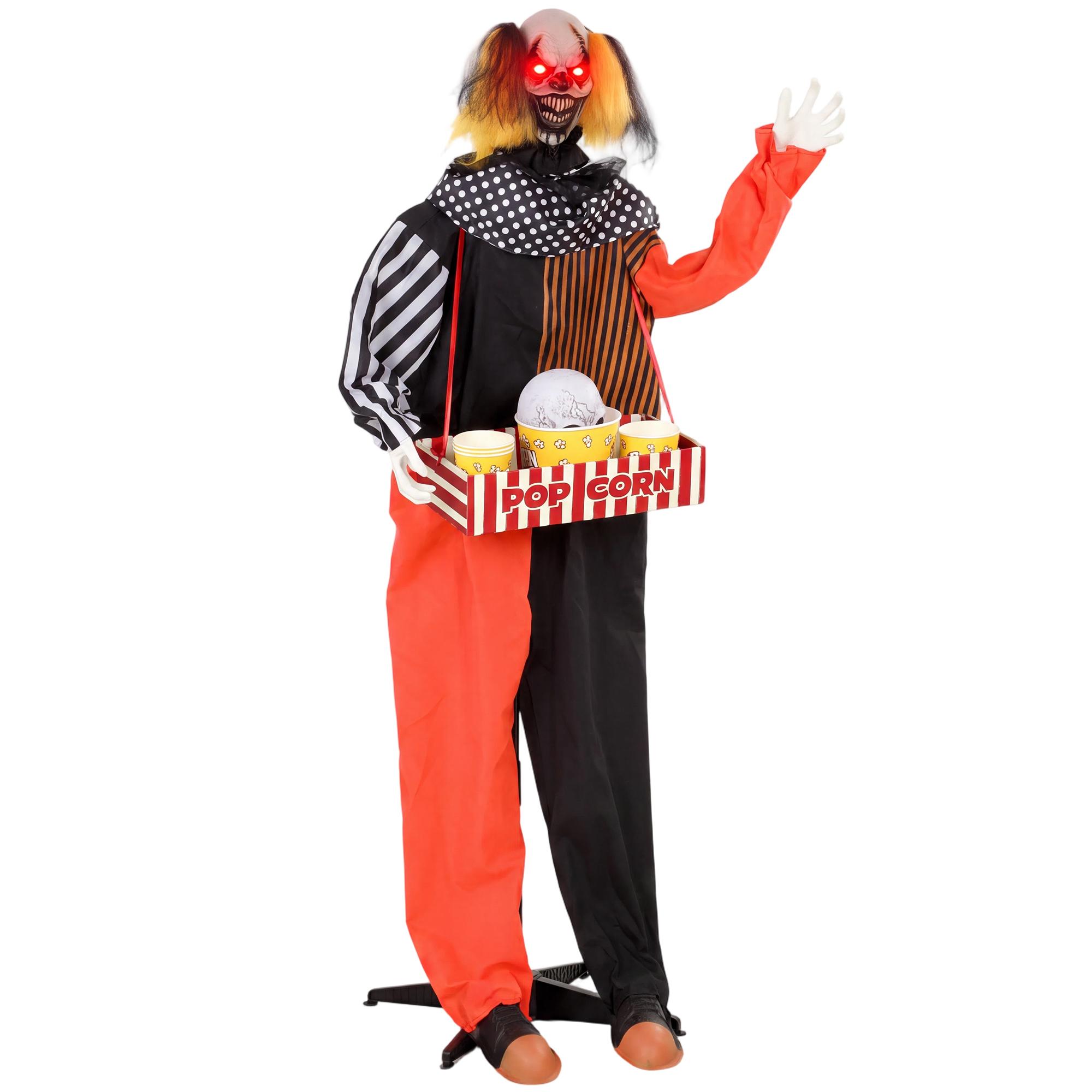 Clown au Popcorn Animé d'Halloween avec Tête qui Explose, Son Effrayant, Musique de Carnaval et Yeux Lumineux