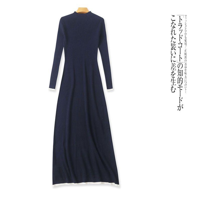 

Knitted Rayon One-Piece Dress Autumn New Foreign Trade Women s Clothing Half Turtleneck Pullover Long Sleeve Narrow Contrast Color Long Skirt 32111 Navy blue A- 4-5-5 M