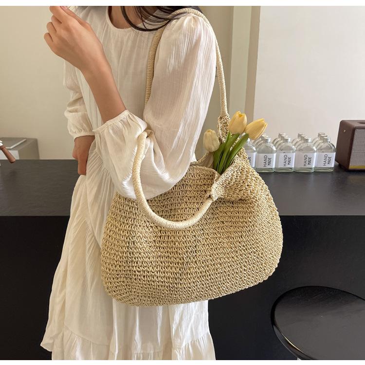 Large Capacity Straw Bag Women's Summer New Shoulder Tote Bag Seaside Vacation Beach Bag Woven Straw Tote Bag for Women