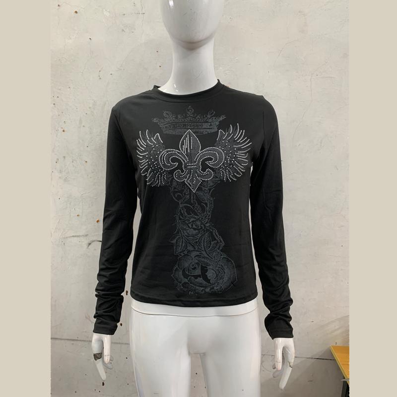 

Эстетика 2000-х ретро принт Y2K готический топ с длинным рукавом и круглым вырезом S чёрный