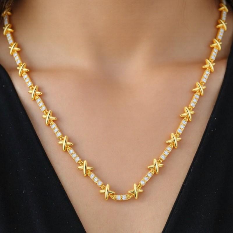 Luxury 18k Gold Plated Gemma Cubic Zirconia Jewelry Set for Women Elegant High Quality X Cross Choker Necklace Wedding Jewelry