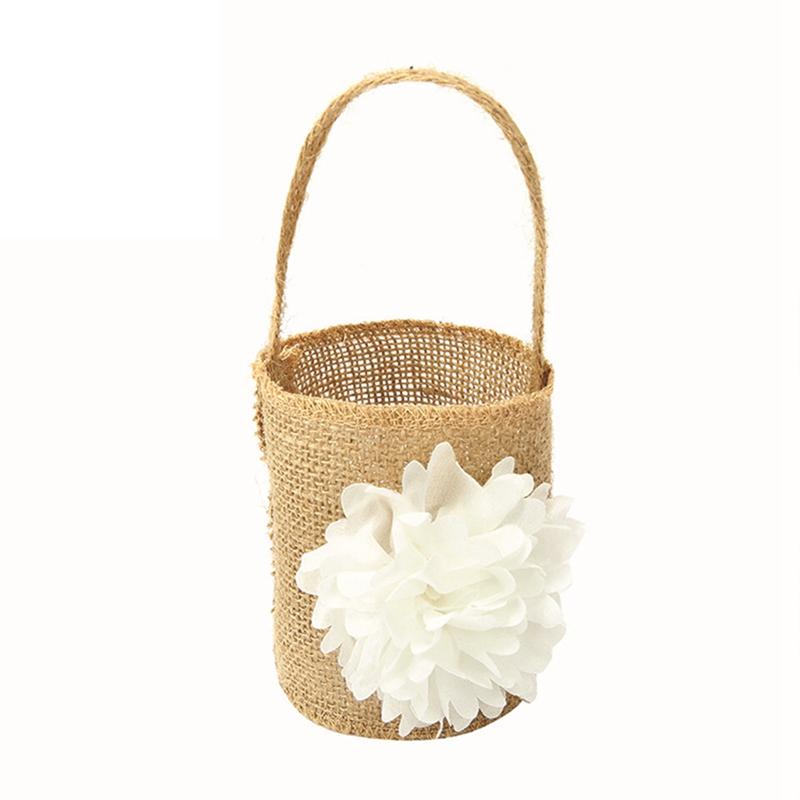 Wedding Lace Burlap Flower Basket Linen Handle Vintage Rustic Wedding Ceremony Table Decoration Baby Shower Party Candy Gift Bag