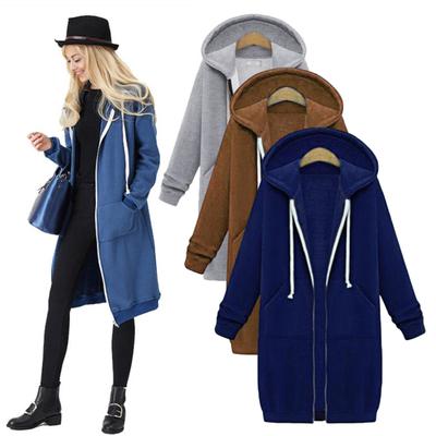 Casaco Moletom Feminino com Capuz e Cordão Ajustável, Manga Longa, com Bolsos, Cor Sólida, Comprimento Médio, Roupa Exterior