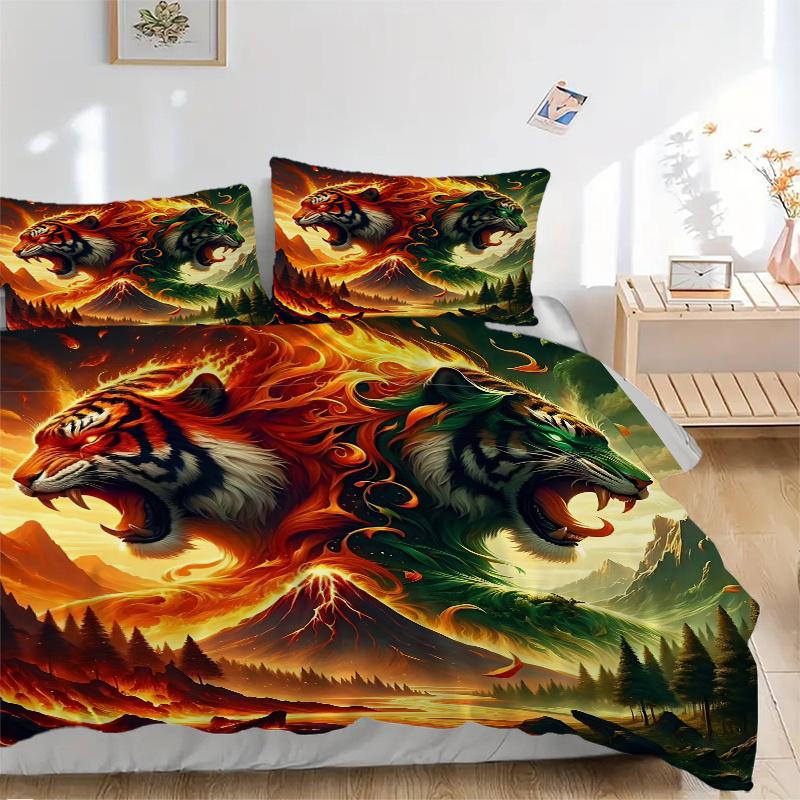 3pcs Flaming and Verdant Tiger Printed Duvet Cover Set (1 * Cover+2 * Pillowcase, Without Core), Suitable for Home Bedroom,