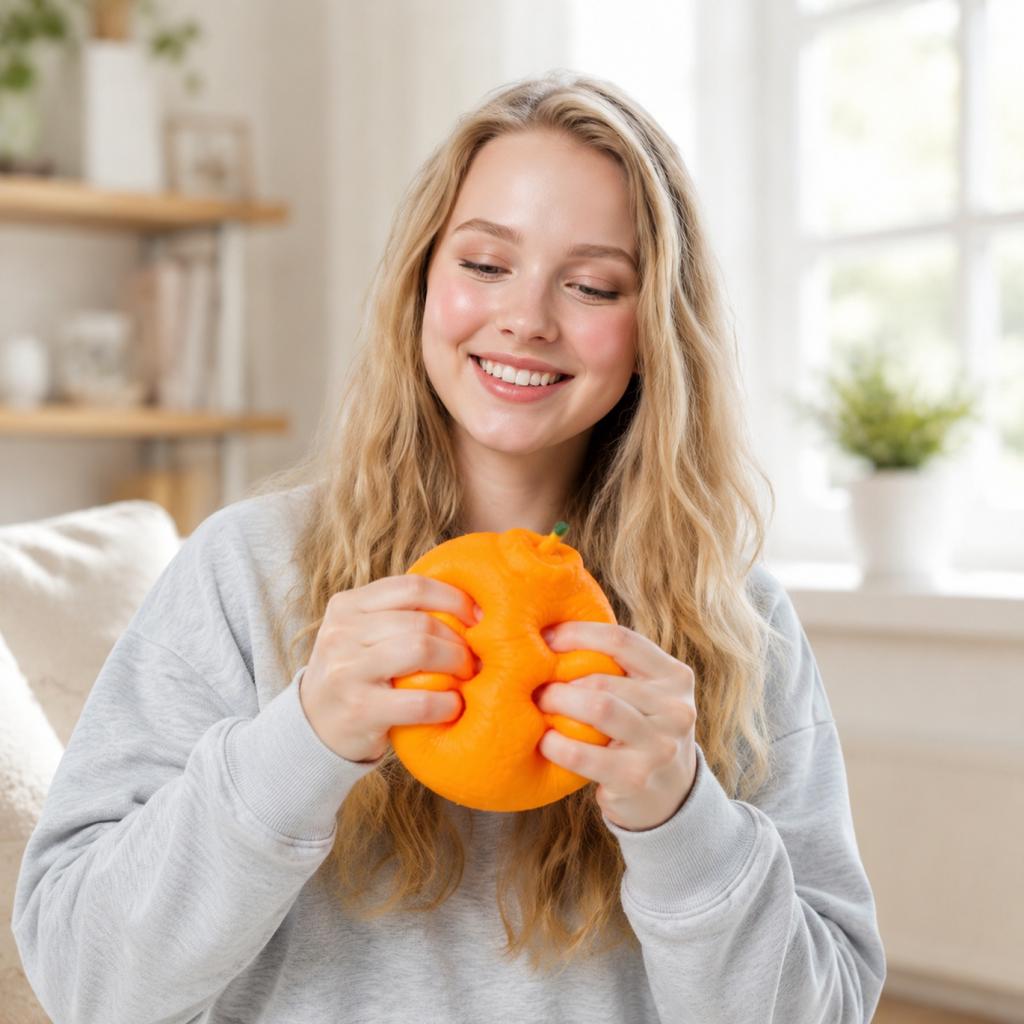 Flexible Squeezable Orange Shape Stress Toy for Desk Office Home Relaxation and Hand Exercise Moldable Design
