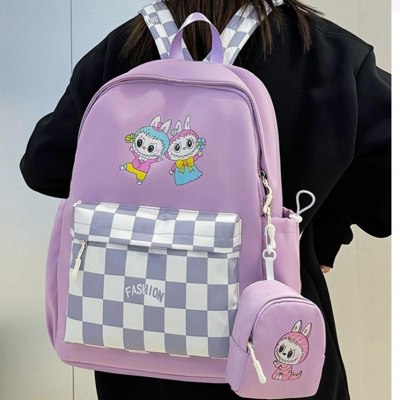 Labubu School Bag Plaid Backpack Student Bag Backpack Cute Primary School Students Large Capacity