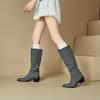 Grey Black Women Knee High Boots High Square Heel Small Big Size 32 48