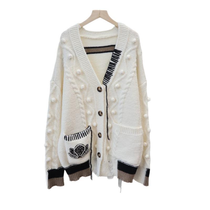 Medium and Long Ripped Design Knitted Cardigan Autumn and Winter New Loose Lazy Wind Sweater Jacket Women