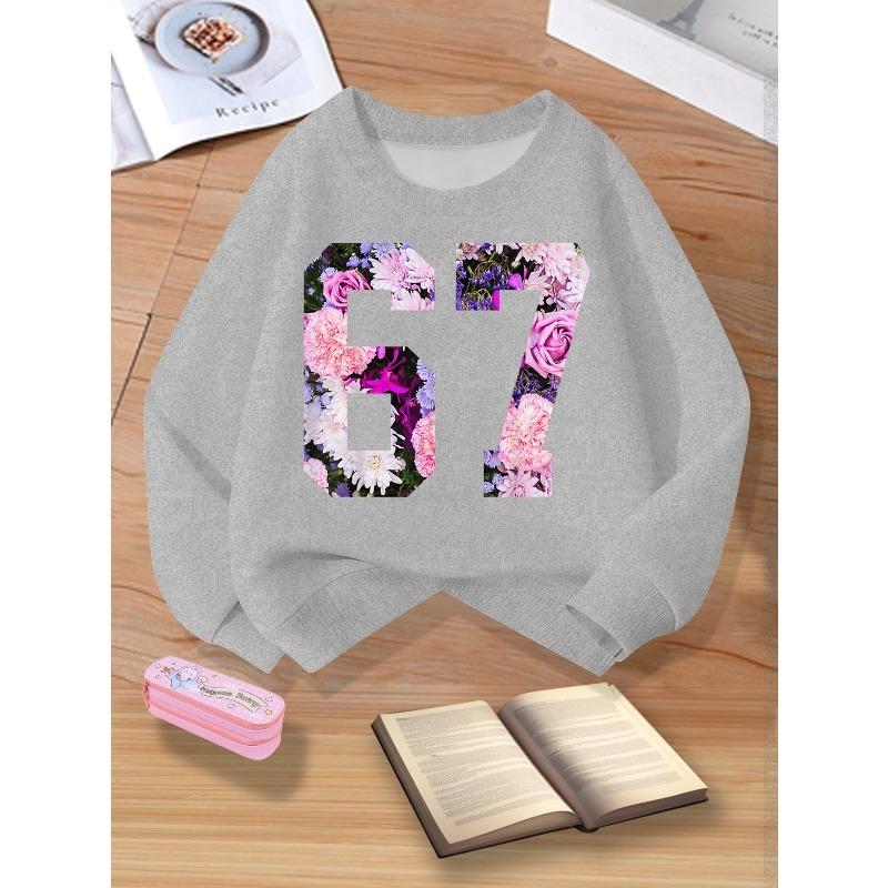 Kids Unisex Red Crewneck Sweatshirt, Vintage Floral Fill 67 Number Graphic Long Sleeve Pullover, Soft Fleece Sweatshirts for Boys Girls Ages 4+