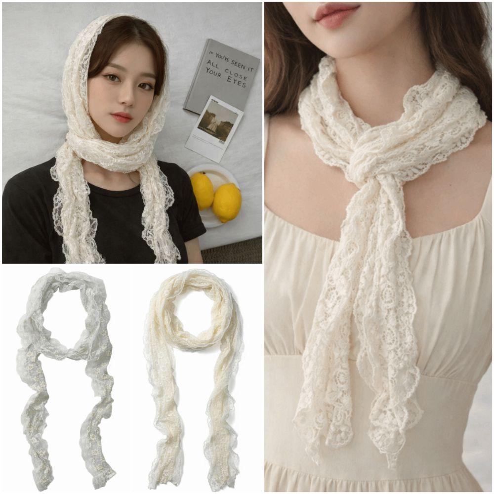 Trendy Flower Lace Neck Scarf Lace Edge White Beige Photo-Ready Shawl Long Slim Versatile Hairband Photo Props