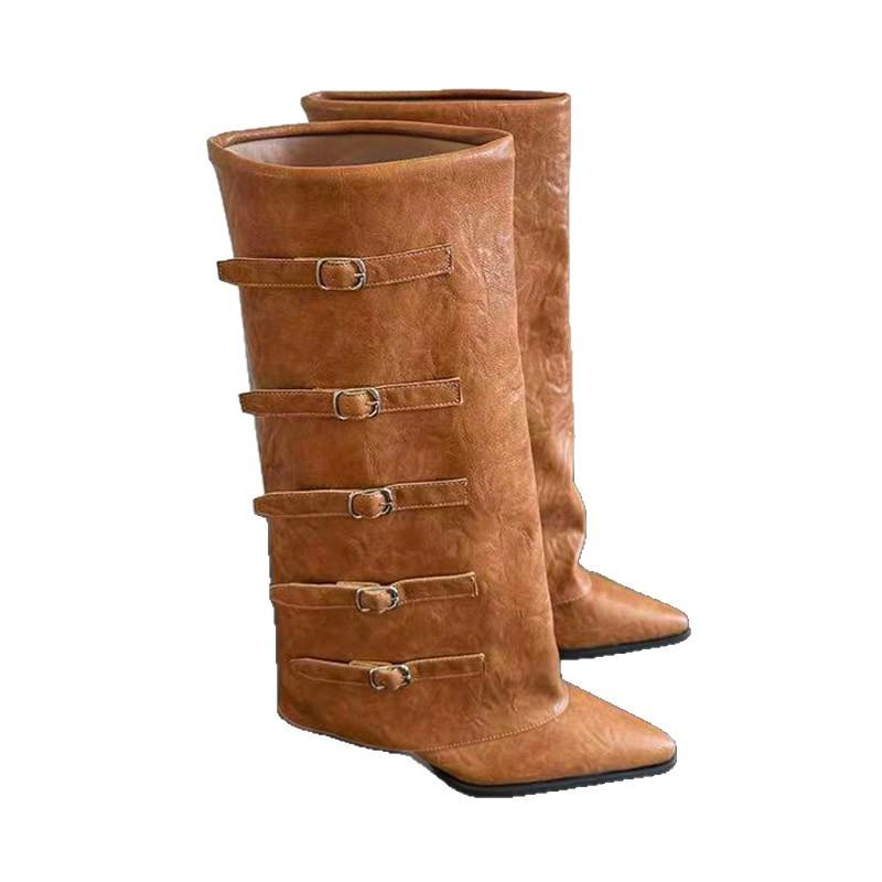 Retro High Cut One Foot Buckle Pointed Knight Boots For Women,  Autumn And Winter Plus Size Pants And Women'S Shoes