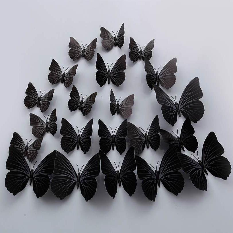 3D Black Solid Color Butterfly Wall Sticker Set - 12 Magnetic Pieces with Adhesive