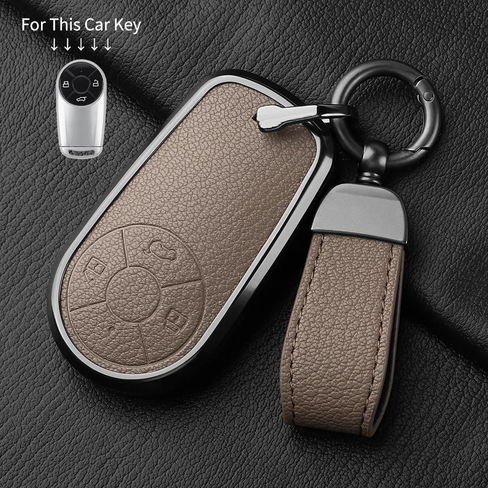 Aluminum Alloy Goatskin Car Key Case Cover For Greatwall Ora R1 R2 Good Cat Gt Lightning Cat Ballet Cat White Cat Iq Keychain
