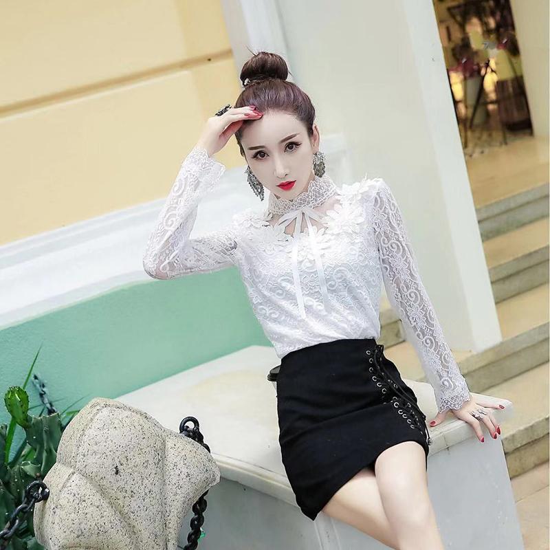 Temperament Lace Bottoming Shirt Women's Autumn and Spring Sweet Stand-up Collar Flowers Sexy Hollow Mesh Top