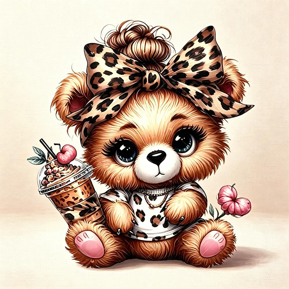 5D Diamond Painting Cute Bear with Leopard Bow DIY Craft Kit Full Drill Diamond Art Home Wall Decor Gift for Living Room