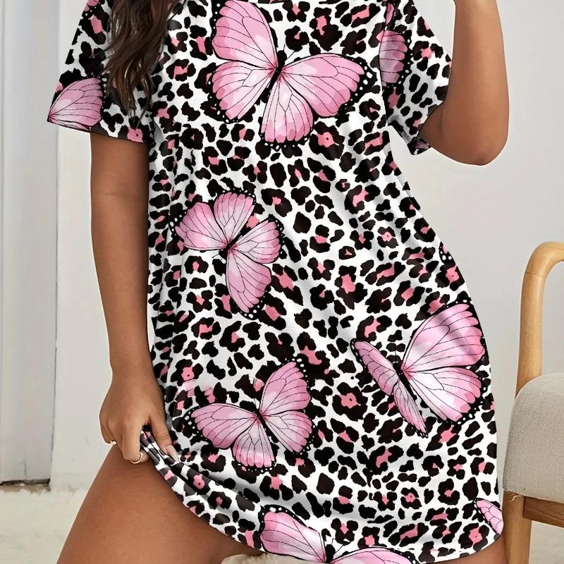 3D Printed Women s Loose O-Neck Pullover Dress Butterfly Leopard Print Comfortable Casual Short Sleeved Dress S