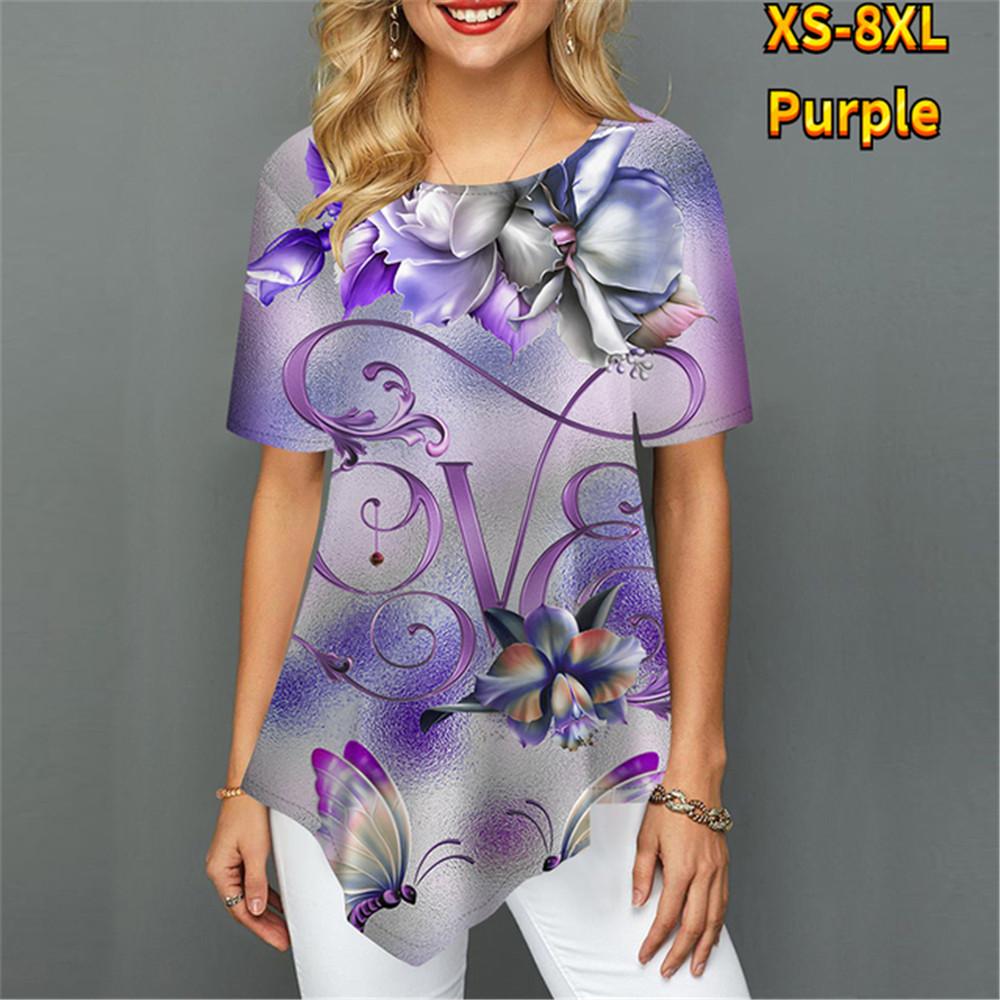 

Жіноча футболка з круглим вирізом і квітковим цифровим 3D-принтом із нерегулярним подолом. Модна вулична зручна жіноча повсякденна пуловер Harajuku 2XL