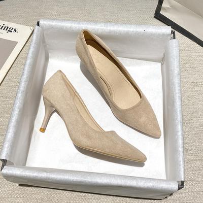 2025 SpringNew Women's Nude Apricot High Heels - Pointed Toe Low Stiletto Suede Shoes, Sexy Gentle Versatile Single Shoes XCY16