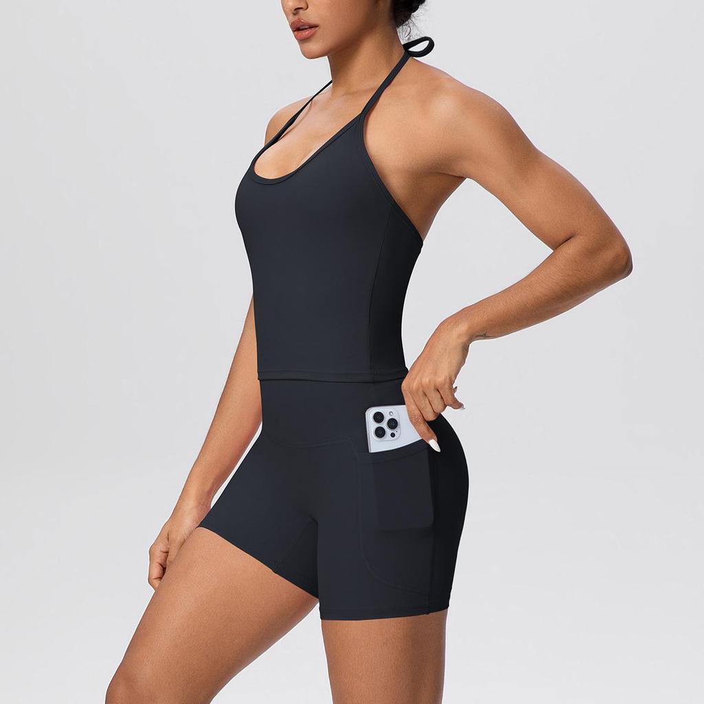 Europäisch-Amerikanisches Wolkengefühl Yoga-Tanktop & Shorts Set: Einfarbig, Seil-Träger, Schöner Rücken, Tasche, Figurbetont für Damen