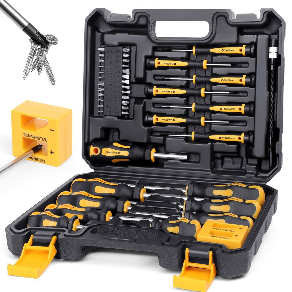 Set di cacciaviti magnetici con custodia, Amartisan 43 pezzi Include set di cacciaviti a taglio, a croce Phillips, esagonali, Pozidriv, Torx e di precisione, Magnetizzatore \