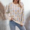 Vintage Autumn Winter Loose Knitwear Sweater Long Sleeve O-Neck Pullover Print Top