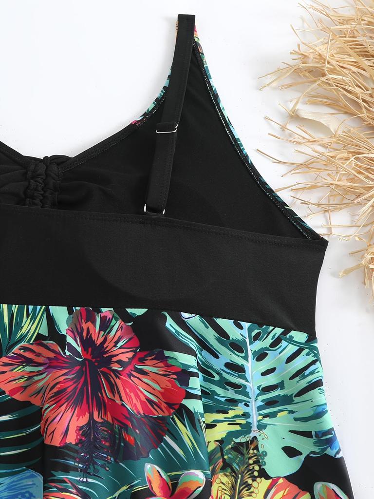 2025 Plus Size European Print Bikini with Tummy Control and Split Skirt Style