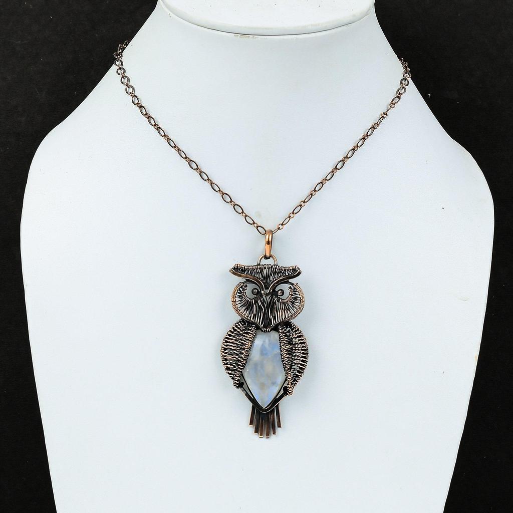 Rainbow Moonstone Pendant Copper Wire Wrapped Owl Pendant Handmade Copper Jewelry Dainty Gemstone Pendant Gift For Mom Wire Wrapping Jewelry