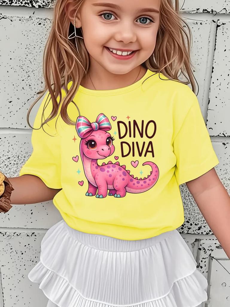 Girls' Kawaii Cartoon Dinosaur Graphic T-Shirt Cute Pink Bow Hearts Print T-Shirt Kids Short Sleeve Tee Y2k Children's Clothing