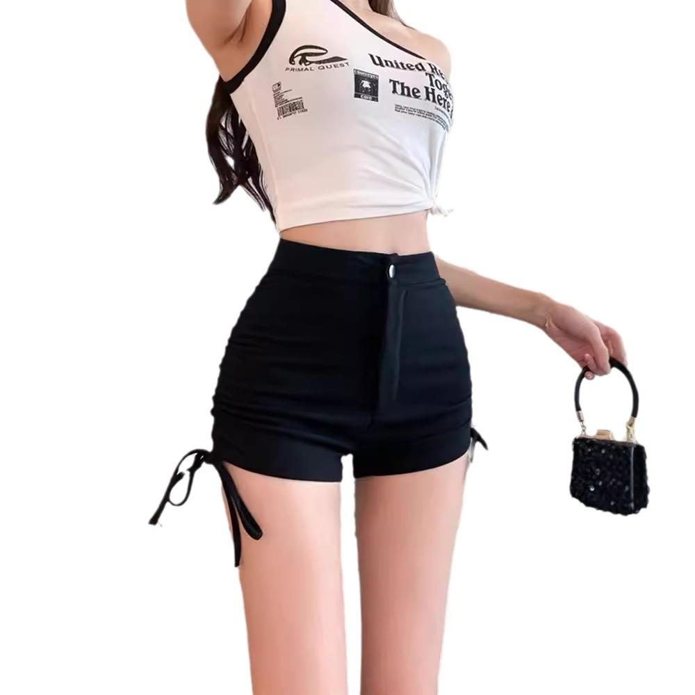 Women's High Waist Elastic Hot Pants: Summer 2024 Korean Style, Lace-Up, Black, Versatile & Spicy.