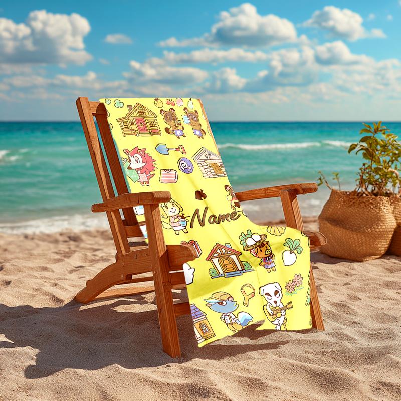 Personalized customized proof beach towel with Animal Crossing pattern - soft, absorbent, quick-drying, perfect swimming, camping&bathing