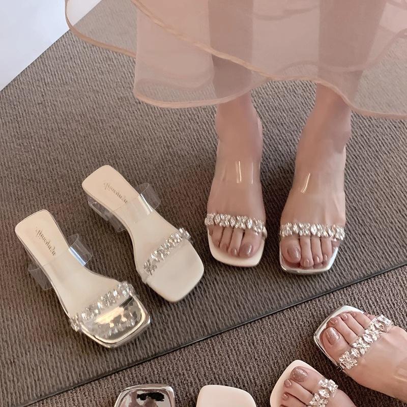 Fairy feng shui diamond slippers female summer wear fashion high sense transparent word with medium heel thick heel crystal sandals