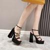 Black Platform Sandals for Women Pumps Summer Sexy Square Head Peep Toe Buckle Strap Butterfly Metal Decoration Shoes Roman