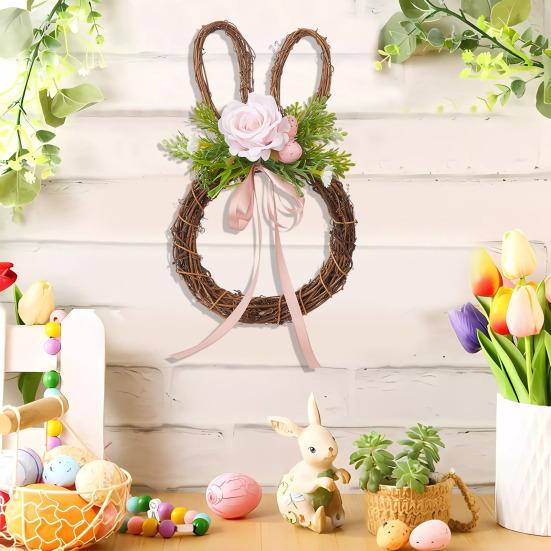 Easter Bunny Wreath with Faux Flowers Rattan Wall Door Hanging Decor for Spring Festival Indoor